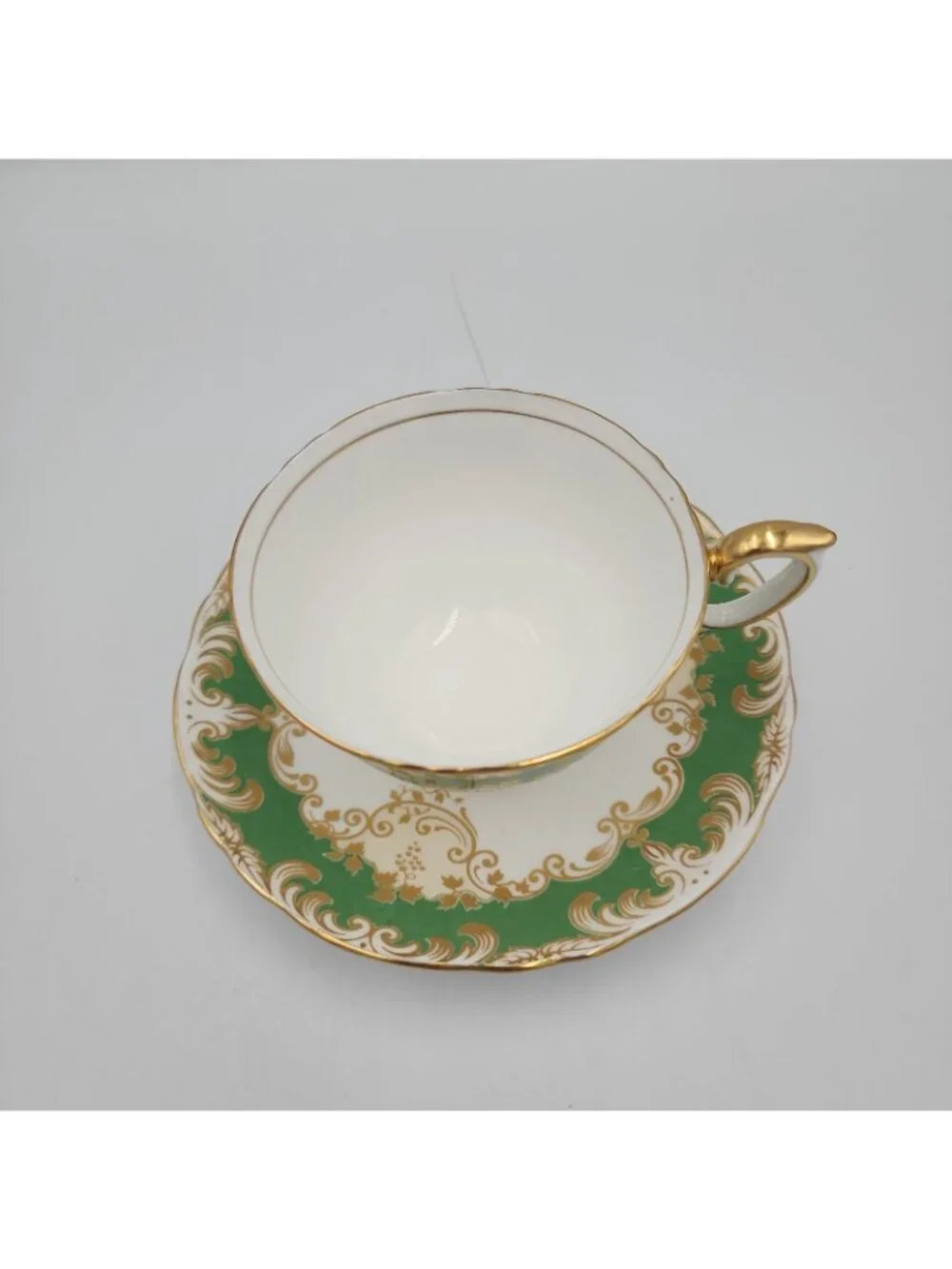 Crown Staffordshire Fine Bone China Tea Cup & Saucer Green Gold Trim